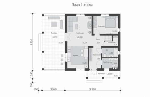 Одноэтажный дом с мансардой, террасой и четырьмя спальнями